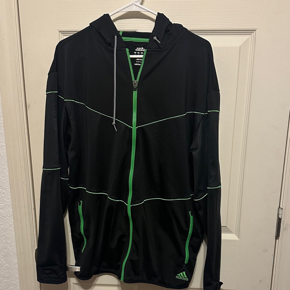 Adidas Men's Black Windbreaker with Neon Green Highlights